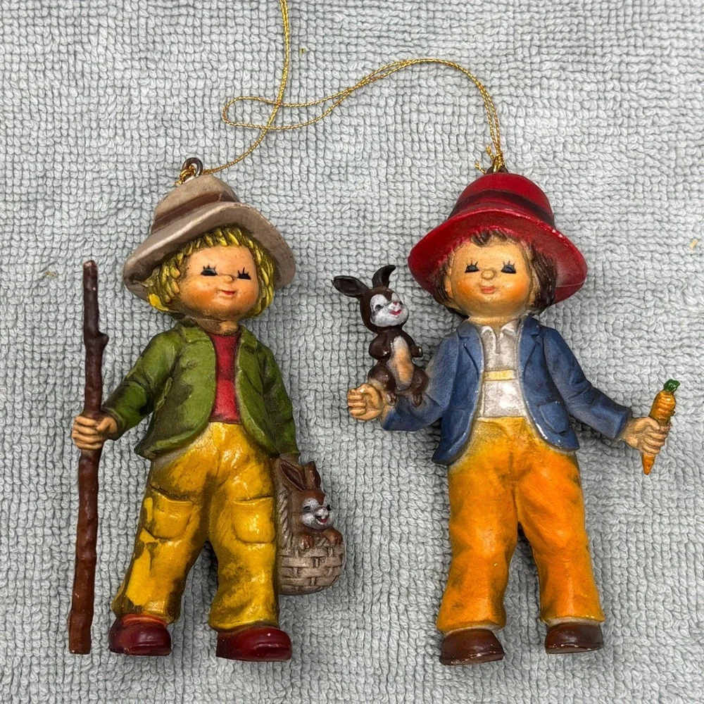 Vintage Hong Kong Boy Girl Rabbit Figurines Set 2 Hanging Ornaments Mid‎ Century
